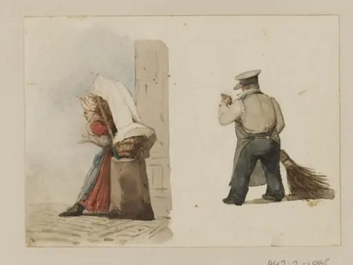 A woman resting a load on a post and a man  sweeping