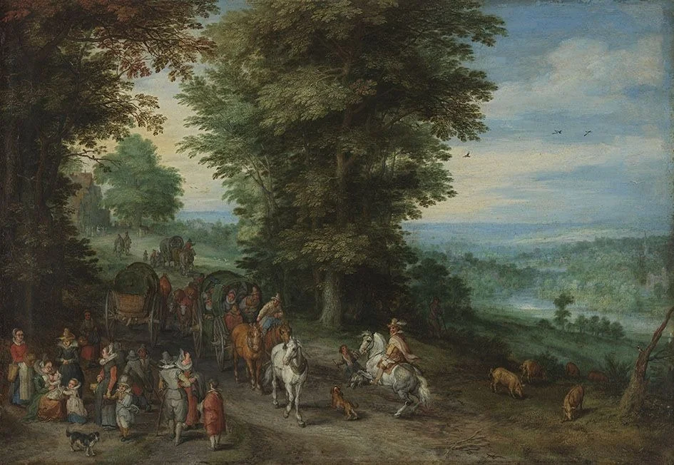 Country Road with Elegant Travelers, Including Nursing Mother, by Jan Brueghel, the elder, unspecified, 1619