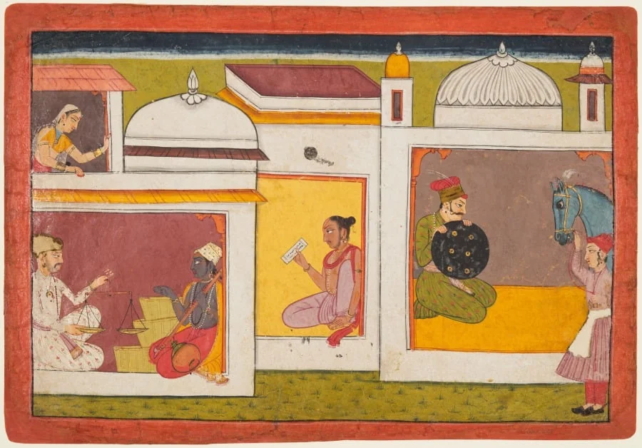 Madhava faces a man holding a scale, folio 1 from a Madhavanala-Kamakandala, by Unknown, unspecified, 1720