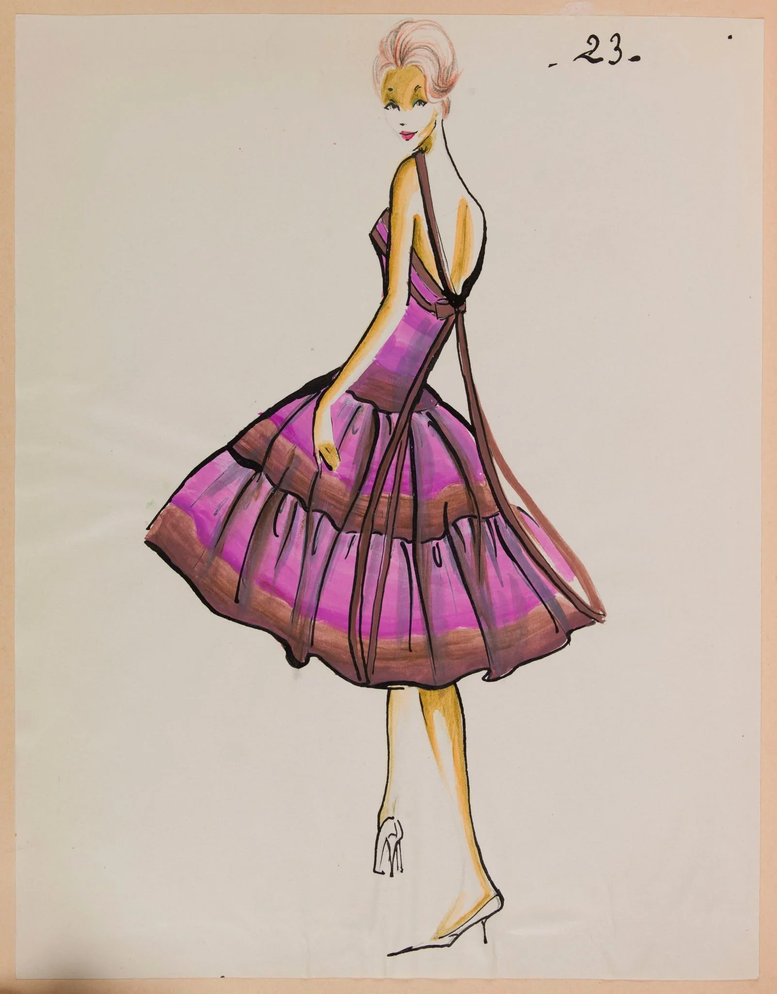 Robe dos nu violette à jupe à volants, by Carven, 1959