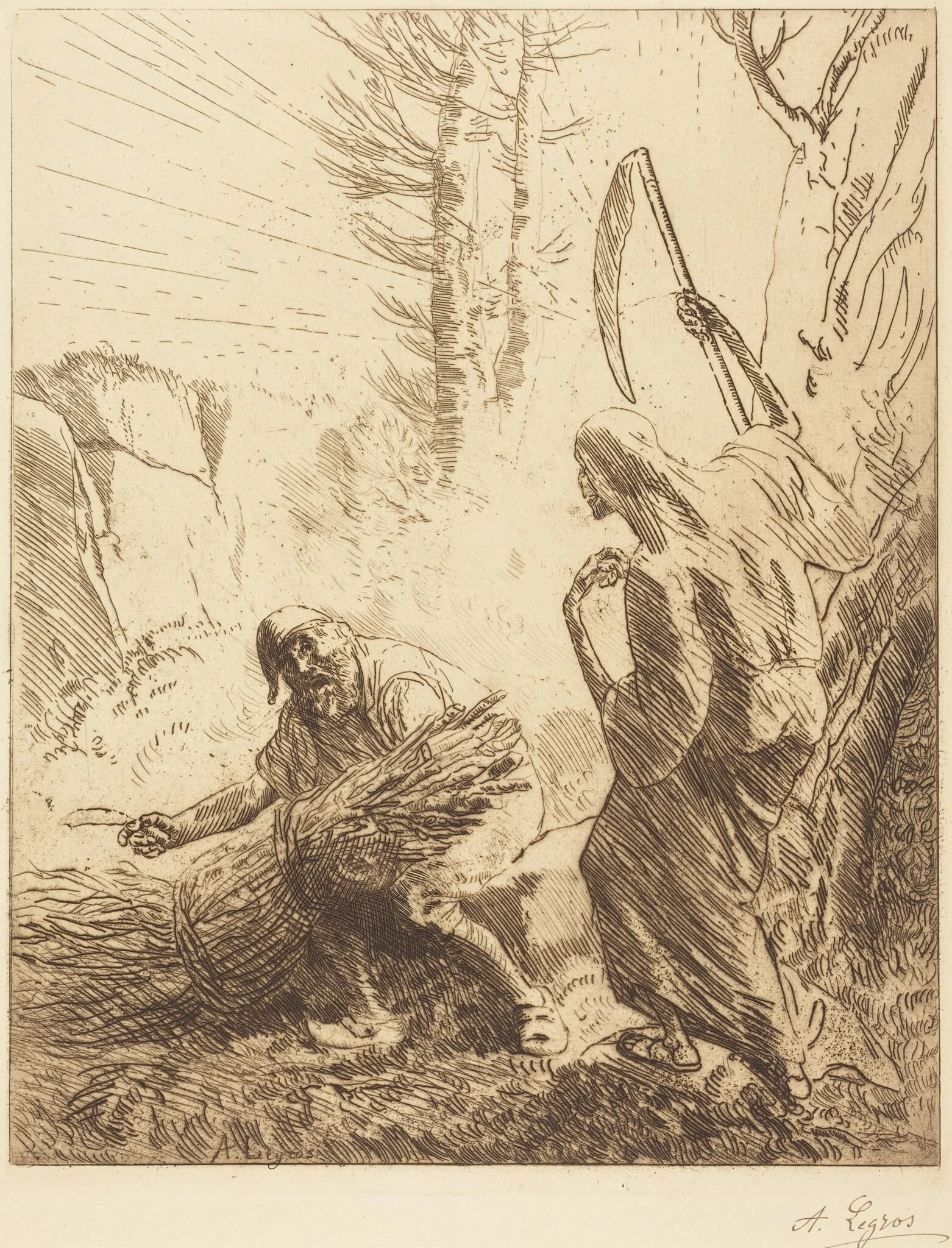 Death and the Woodcutter, 3rd plate (La mort et le bucheron), by Alphonse Legros, ink, 1874