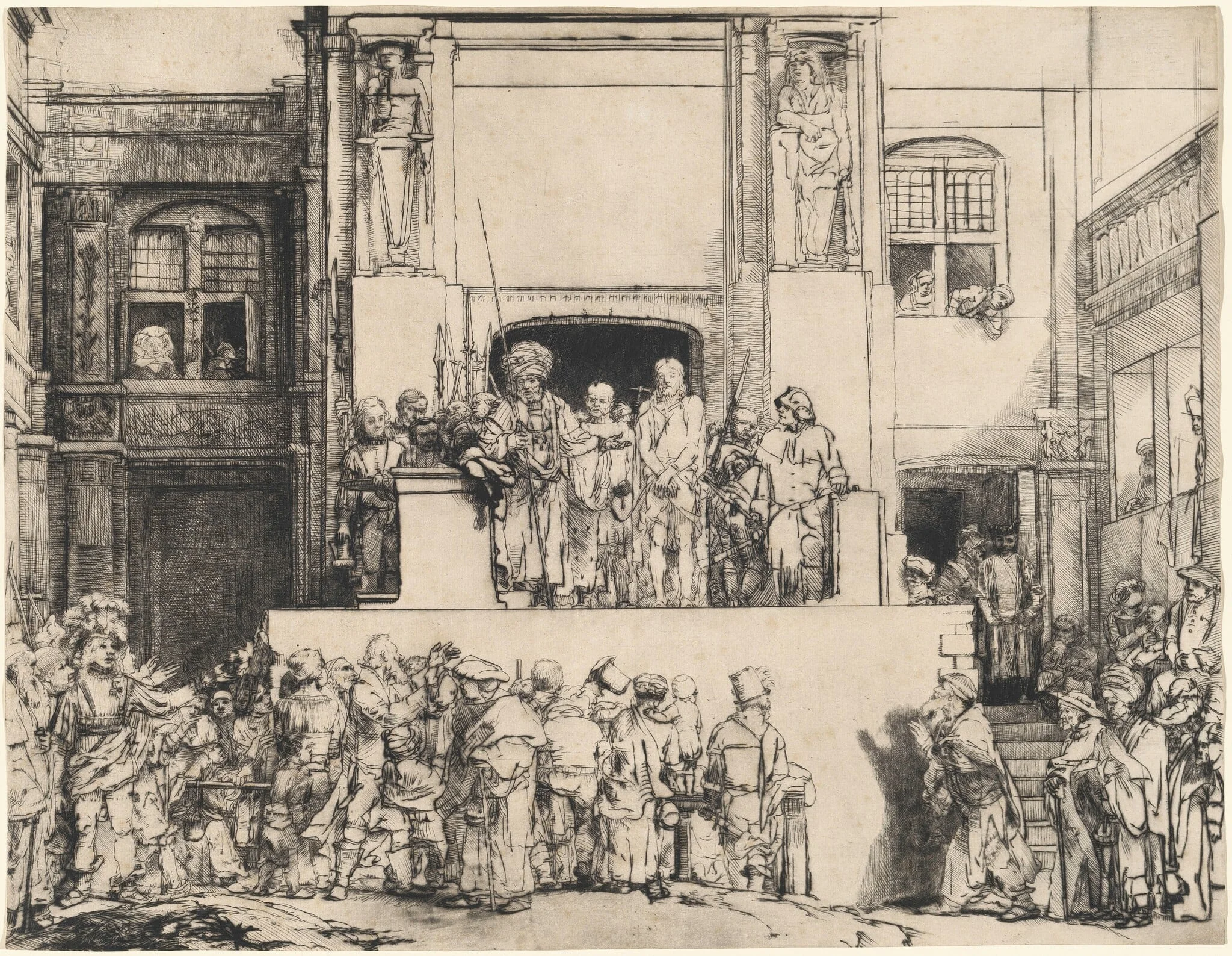 Christ Presented to the People: Oblong Plate, by Rembrandt, ink, 1655