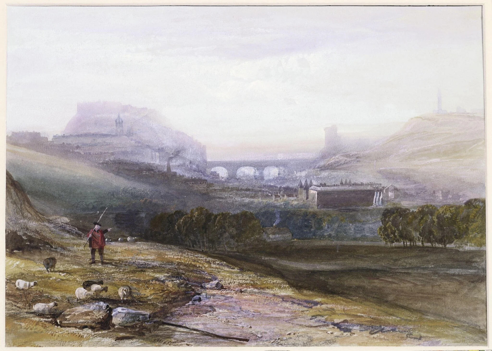 Edinburgh, from near St. Anthony's Chapel on the north-west shoulder of Arthur's Seat, by John Gendall, watercolor, 1810