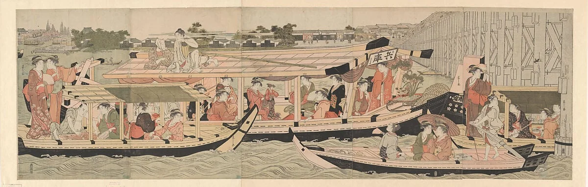 新大橋橋下の涼み船|Pleasure Boats on the Sumida River beneath Shin-Ōhashi Bridge, by Chôbunsai Eishi, ink, 1792