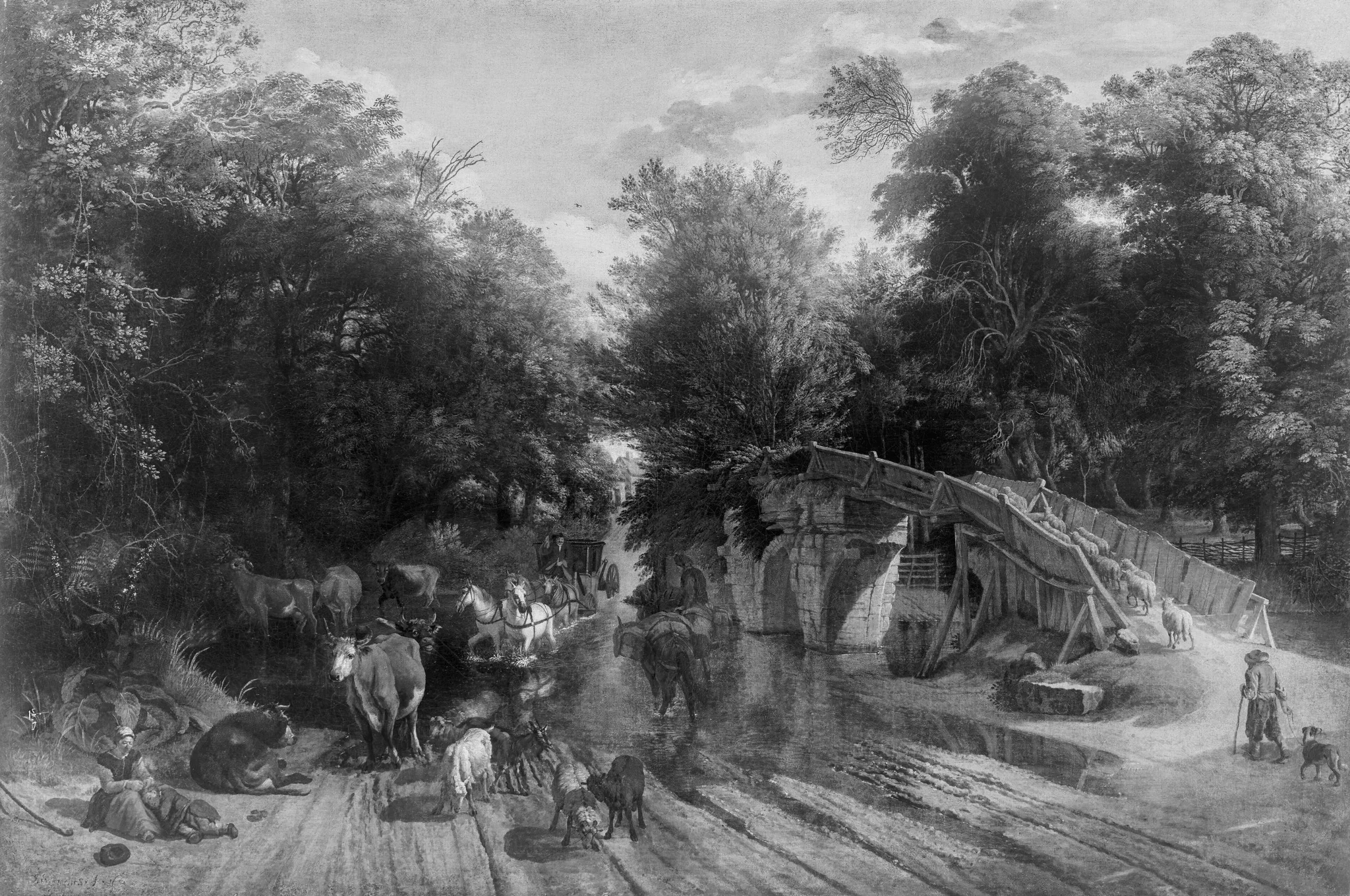 River landscape with bridge and ford