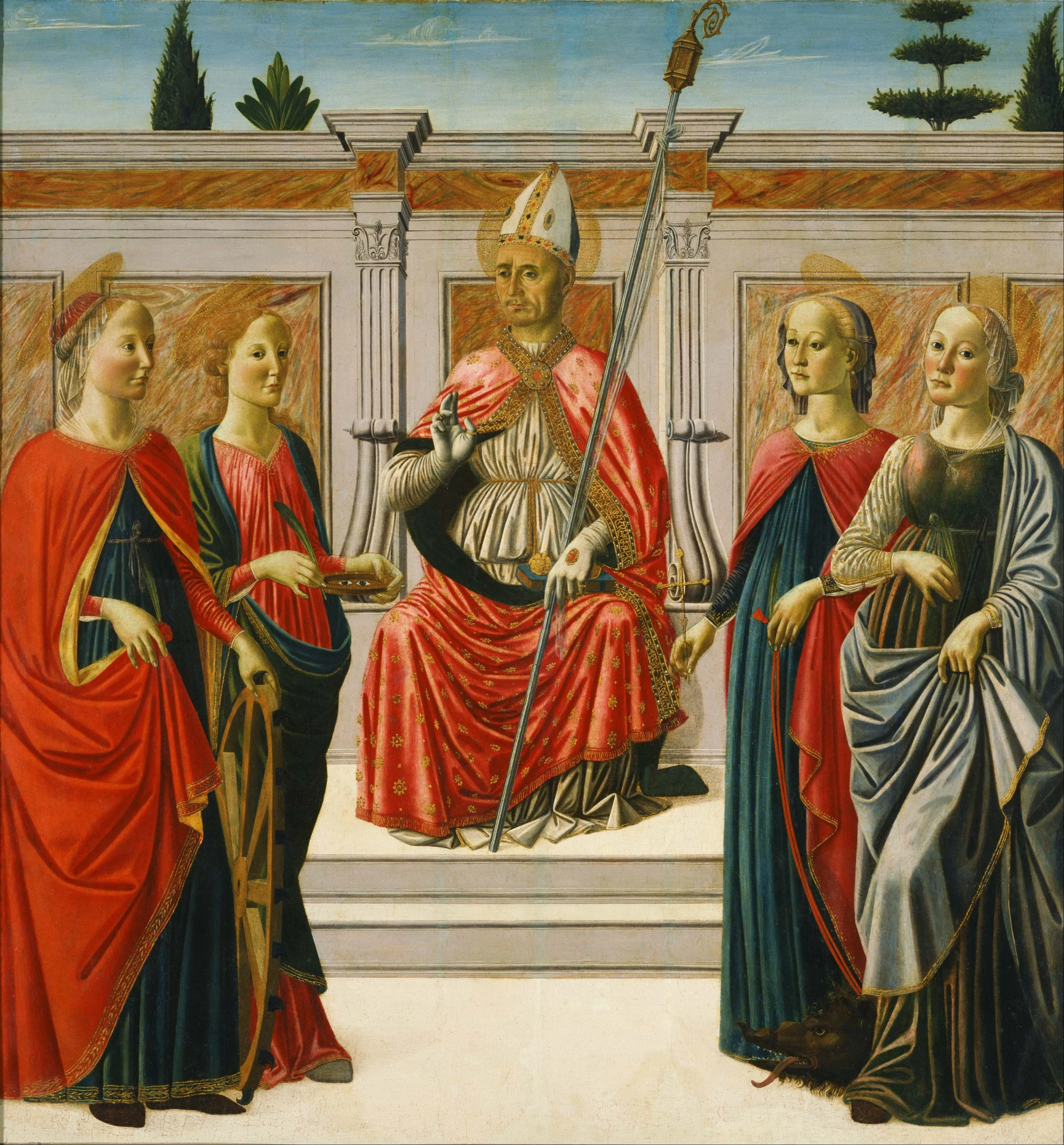 St. Nicolas and Sts. Catherine, Lucy, Margaret and Apollonia, by Francesco Botticini, unspecified, 1482