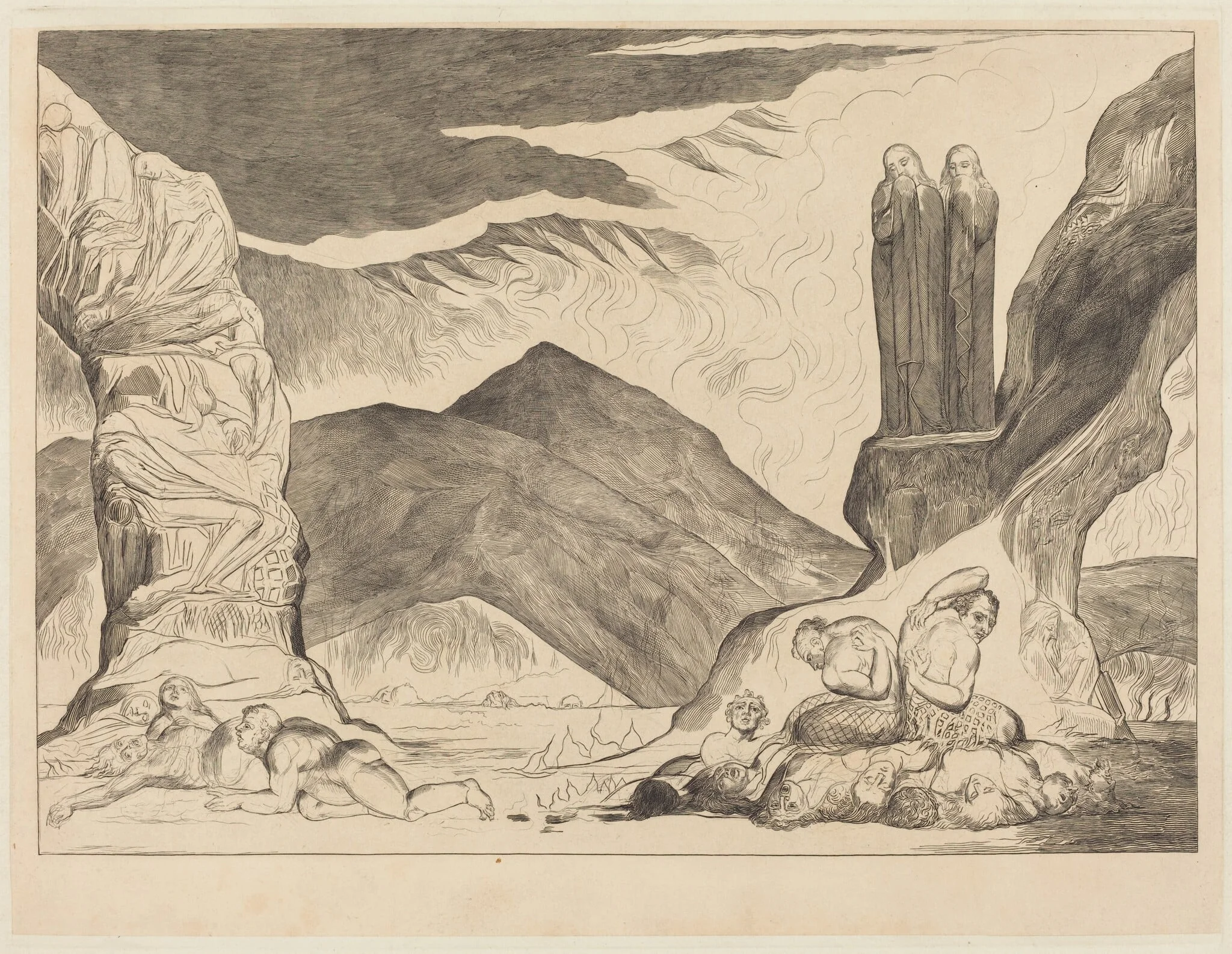 The Circle of the Falsifiers: Dante and Virgil Covering their Noses because of the st, by William Blake, ink, 1827