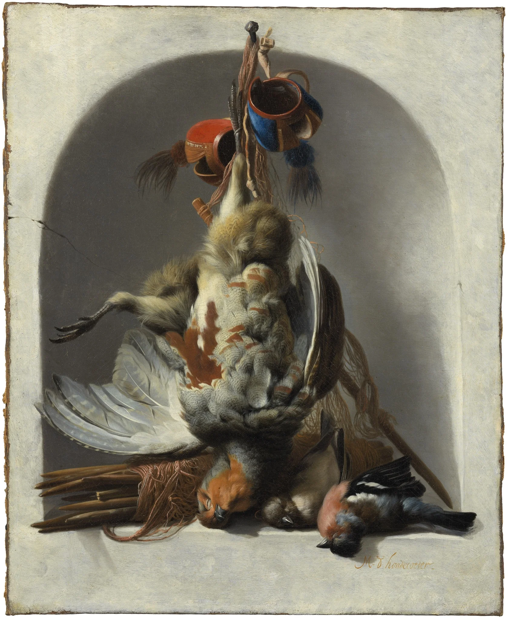 Still Life with Birds and Hunting Gear in a Niche, by Melchior d' Hondecoeter, oil, 1663