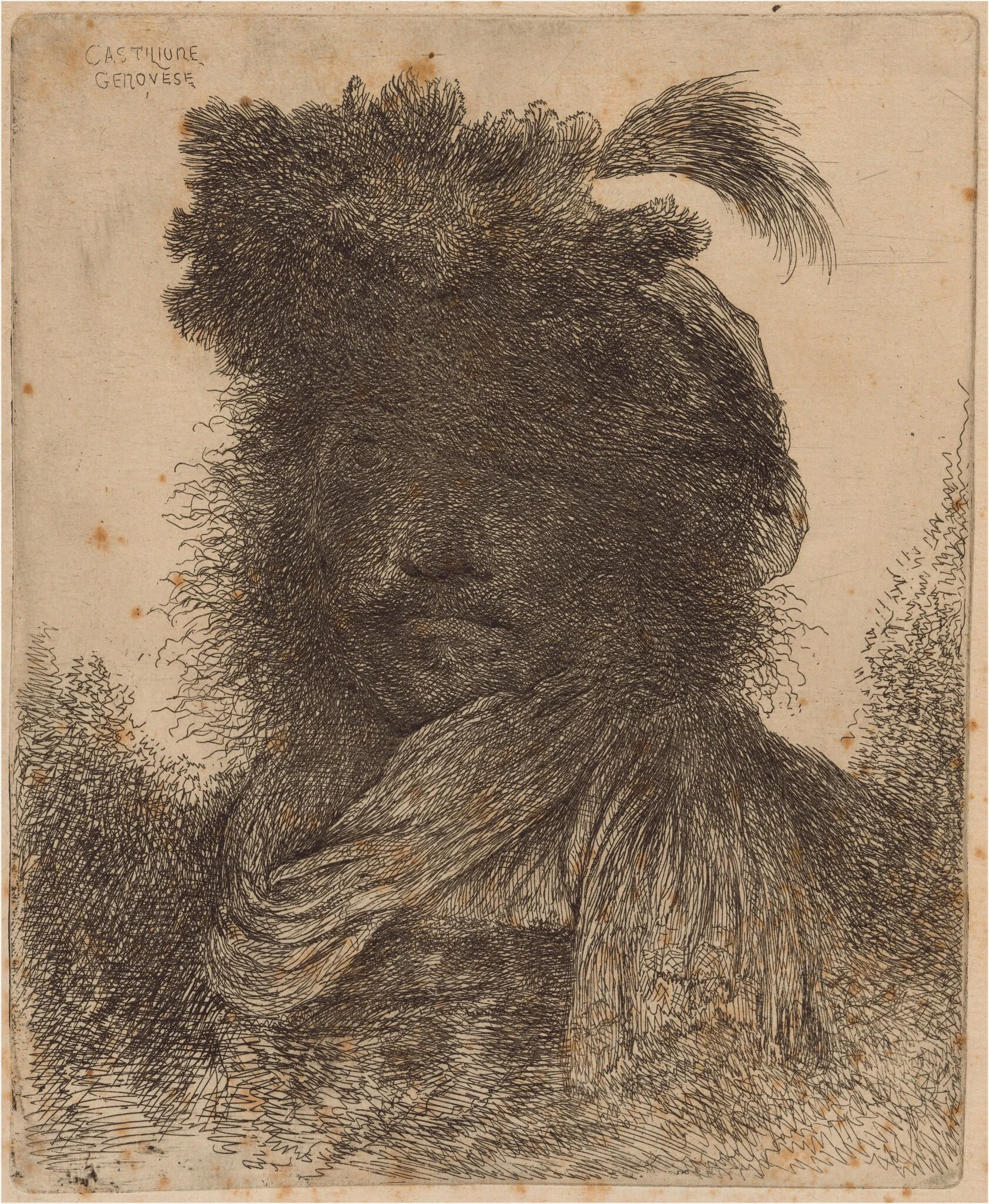 Bearded Man with Shadowed Face, Wearing a Scarf and a Plumed Hat, by Giovanni Benedetto Castiglione, ink, 1648