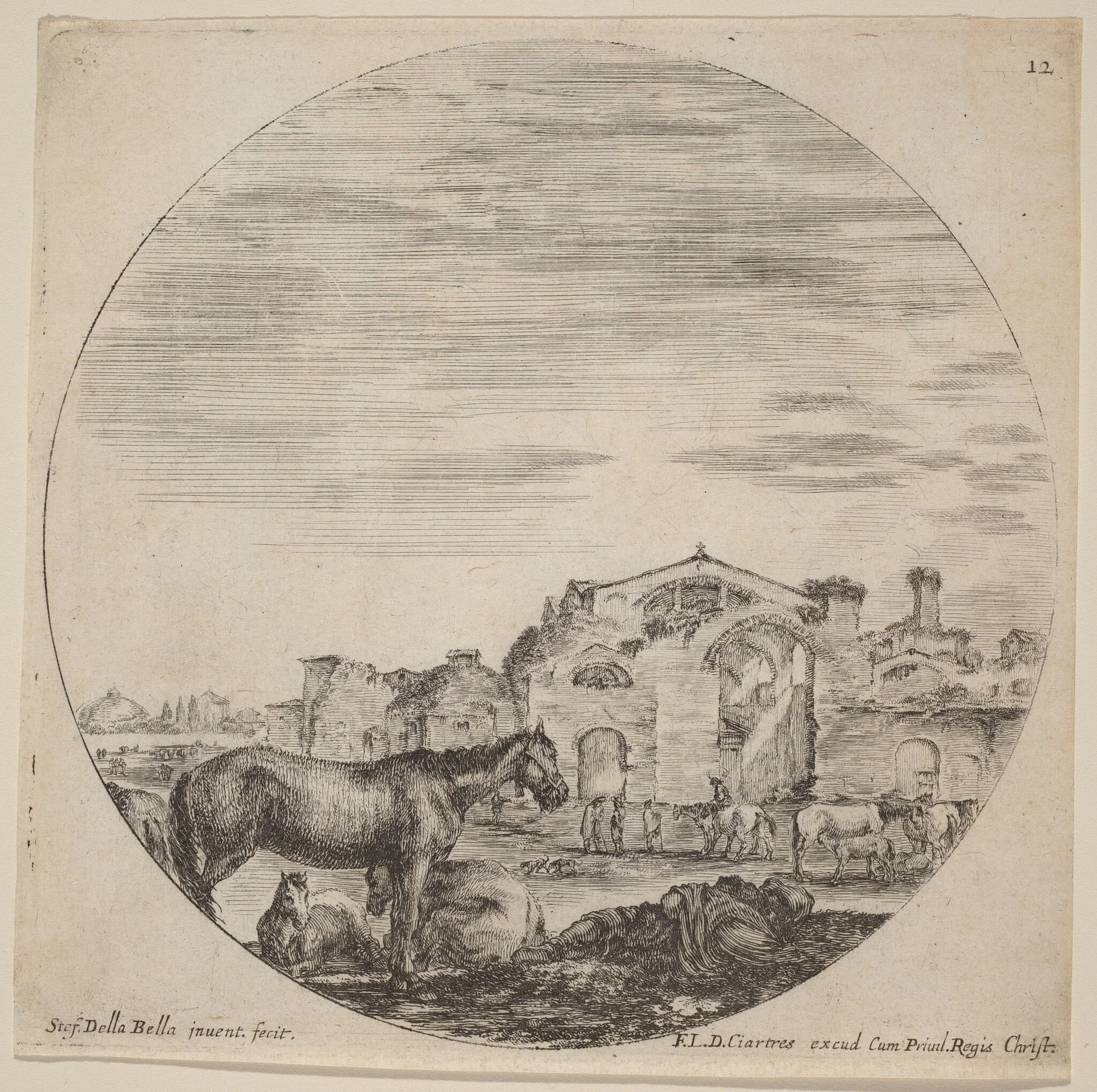 Baths of Diocletian and Shepherd Sleeping, by Stefano Della Bella, ink, 1646