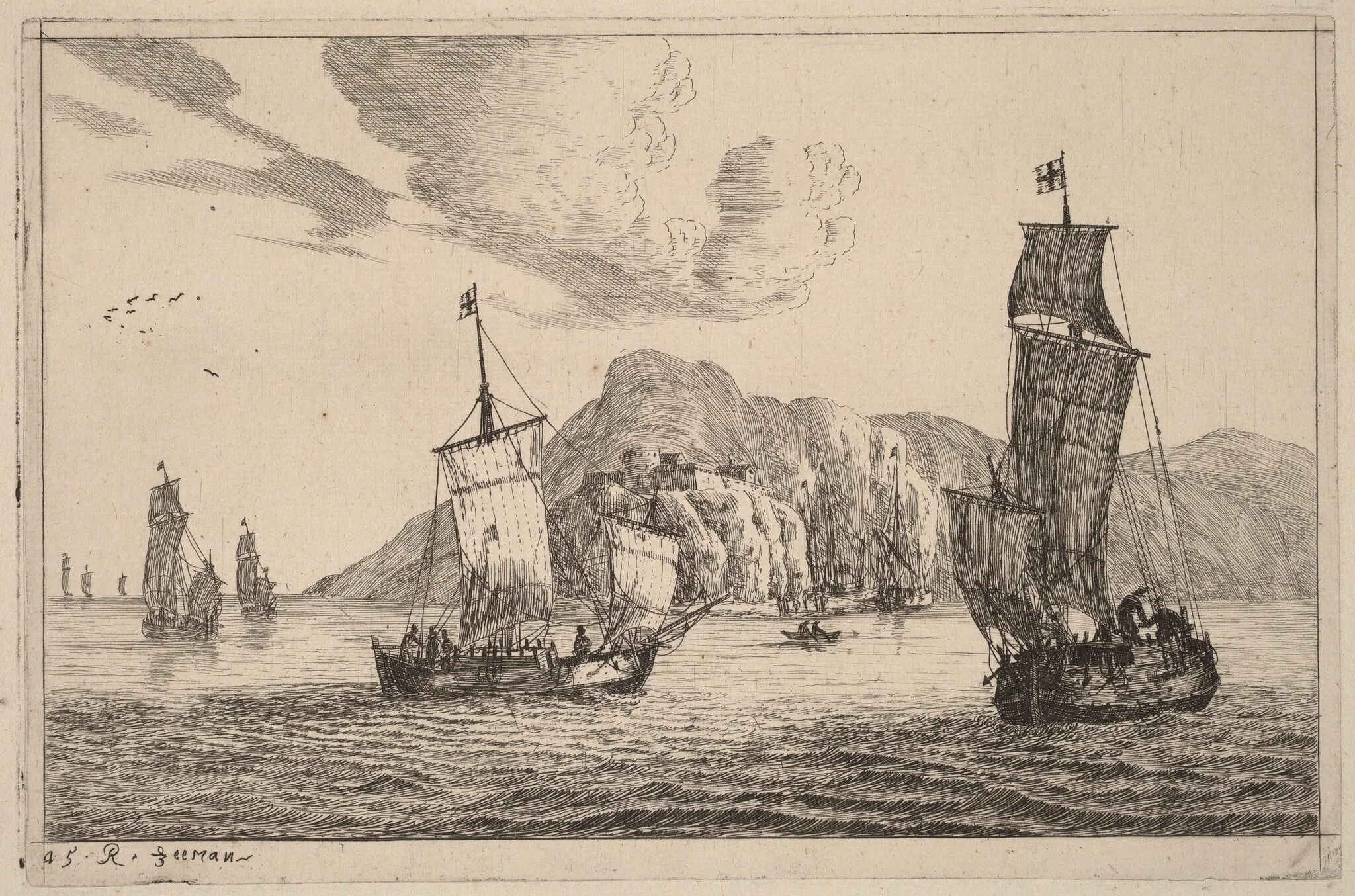 Harbor Scene with Mountainous Background, by Nooms, called Zeeman, Reinier, ink, 1656