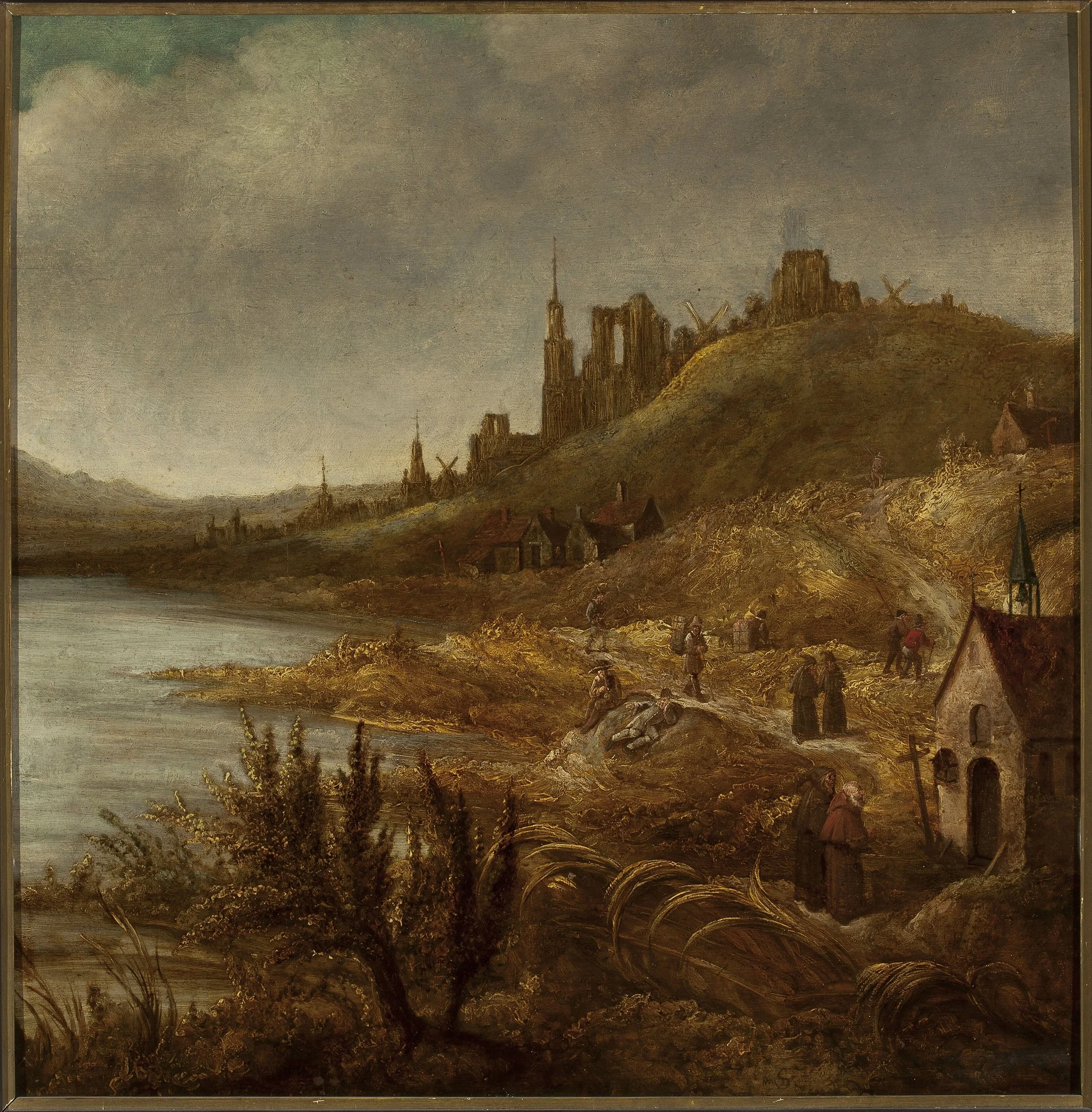 Monastic landscape, by Simon Johannes van Douw, oil, 1663