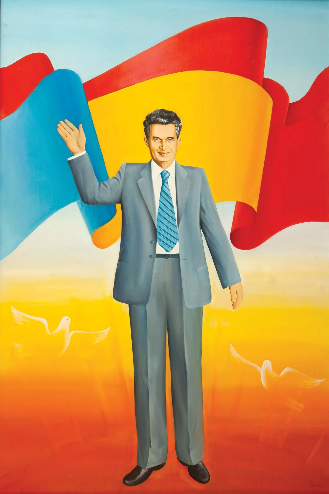 Tablou „ Ceaușescu Pace”, semnat M. Ceacîru și datat dreapta jos. Tabloul îl prezintă pe Nicolae Ceaușescu salutând, în spatele său flutură tricolorul și stegul PCR, în stânga și în dreapta sa doi porumbei albi în zbor.Comandat de Comitetul Județean de Partid Neamț (1989)