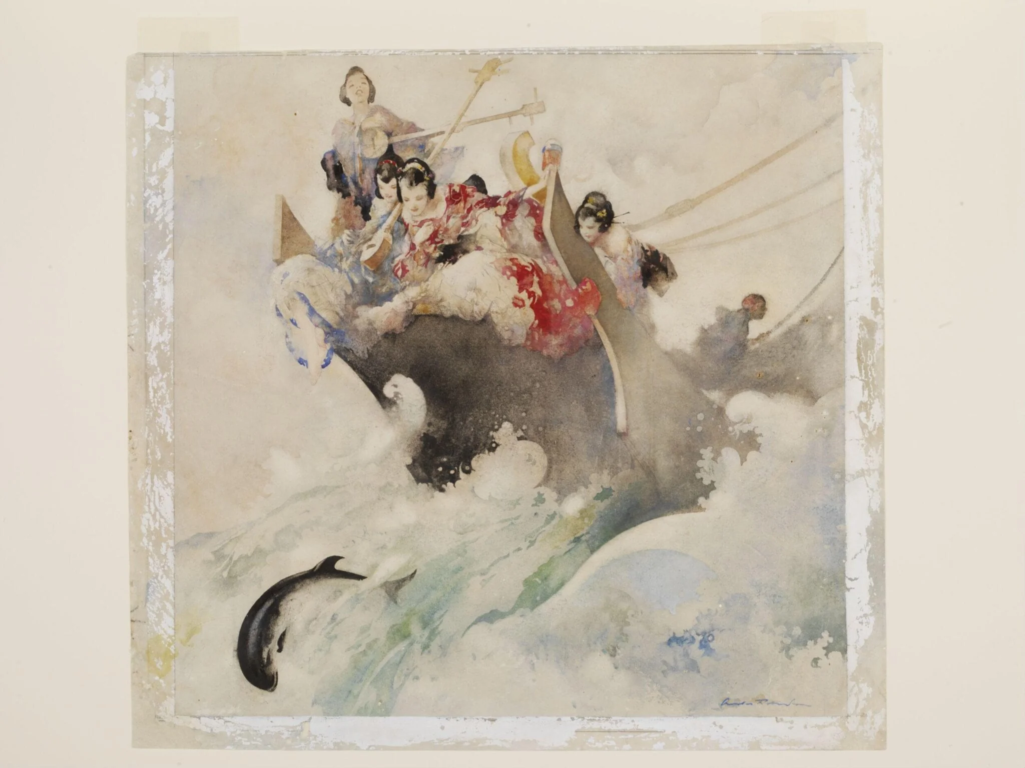 Japanese girls in the prow of a boat chasing a flying fish, by Charles Robinson, watercolor, 1932