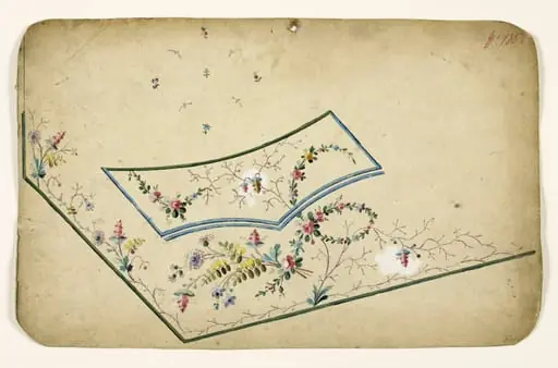 Composition florale avec guirlandes de branches et bandes bleues et vertes, projets de broderies de gilet, XVIIIème siècle