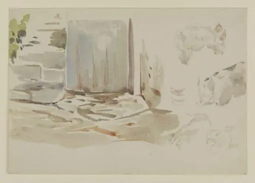 Three studies of a piglet (right) and study of a gate in a wall (left)