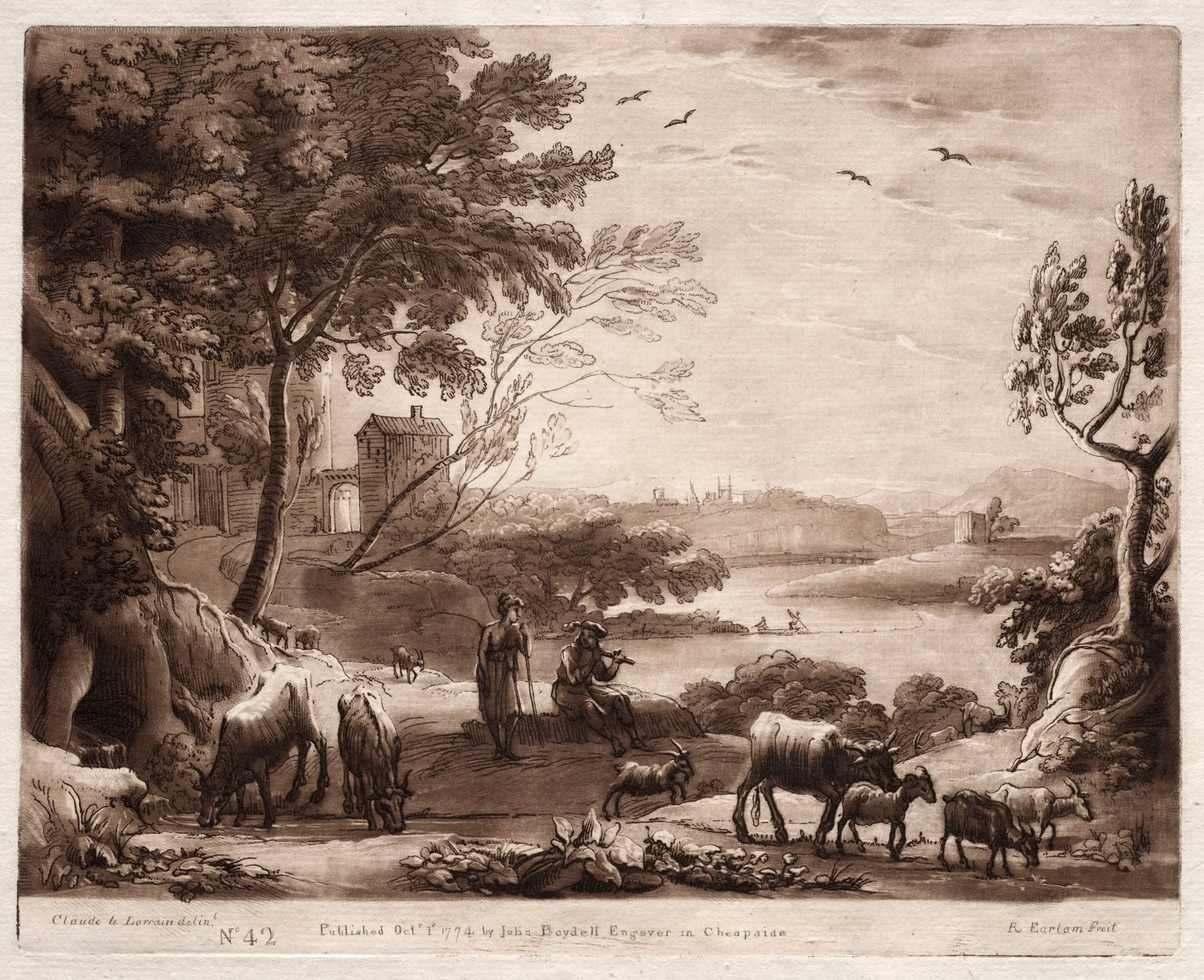 Liber Veritatis:  No. 42, A River Landscape with a Shepherd and Shepherdess and a Herd of Cattle, by Richard Earlom, 1774