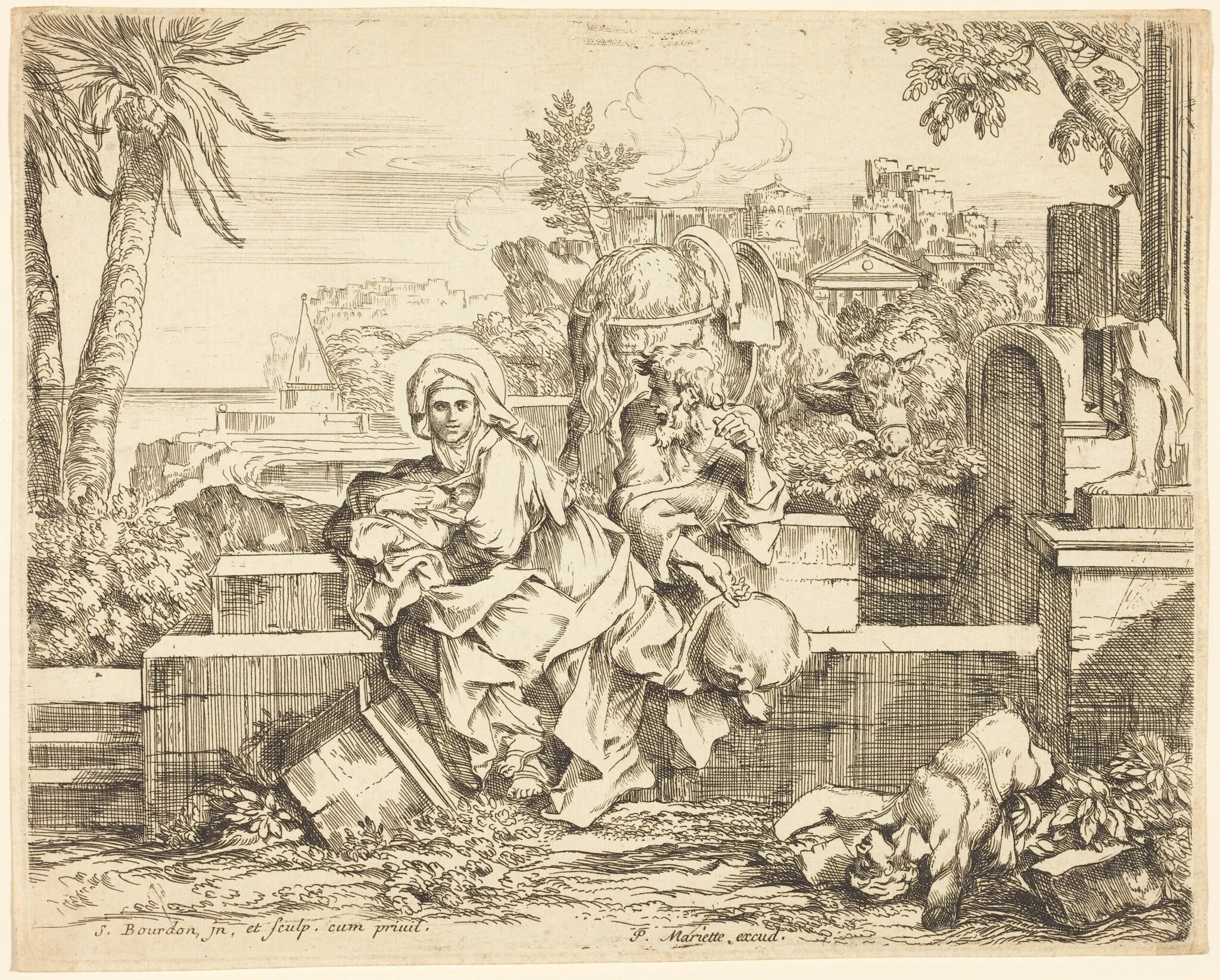 Rest on the Flight into Egypt, by Sébastien Bourdon, ink, 1650