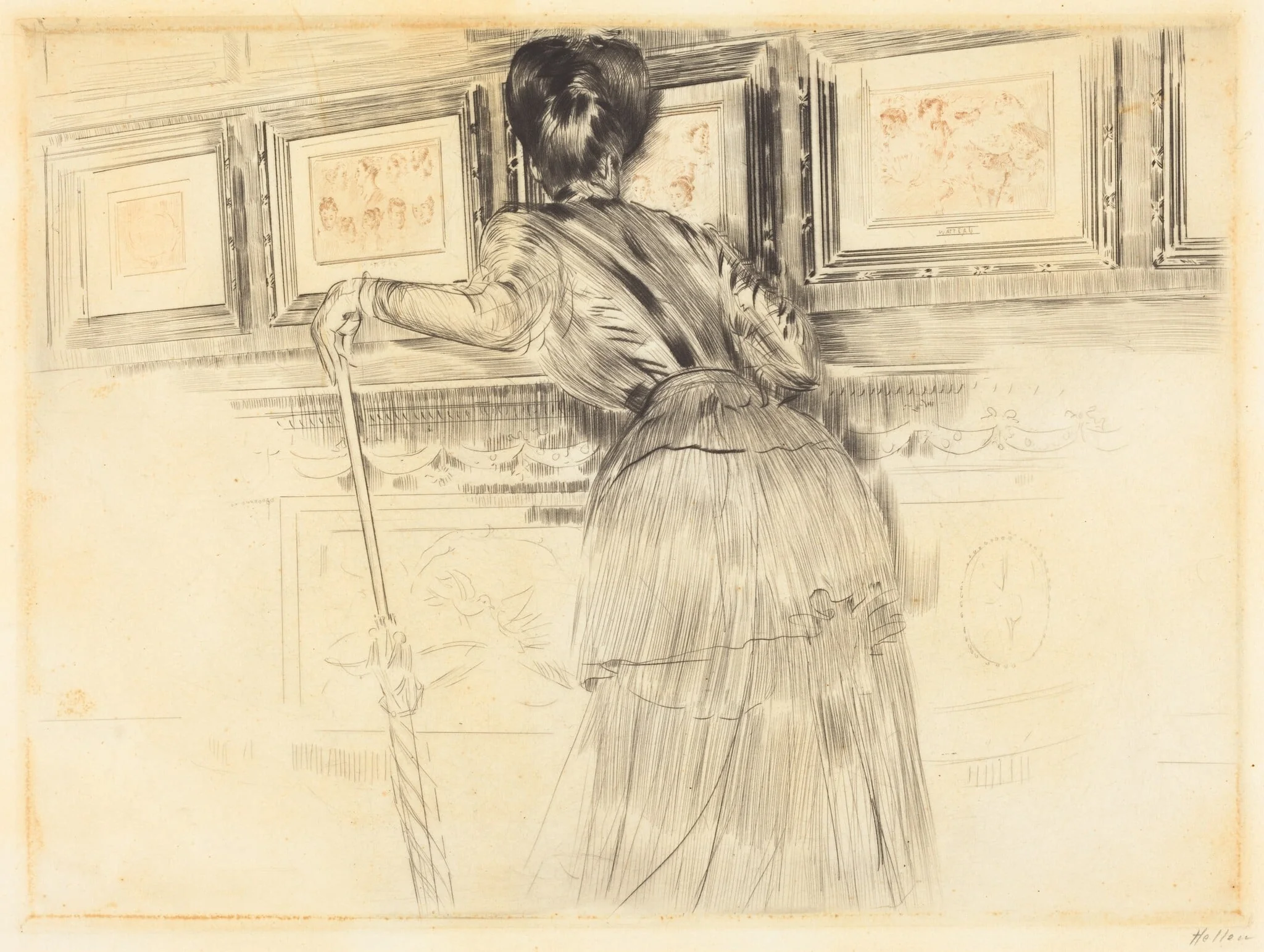 In Front of the Watteaus in the Louvre, by Paul César Helleu, ink, 1895
