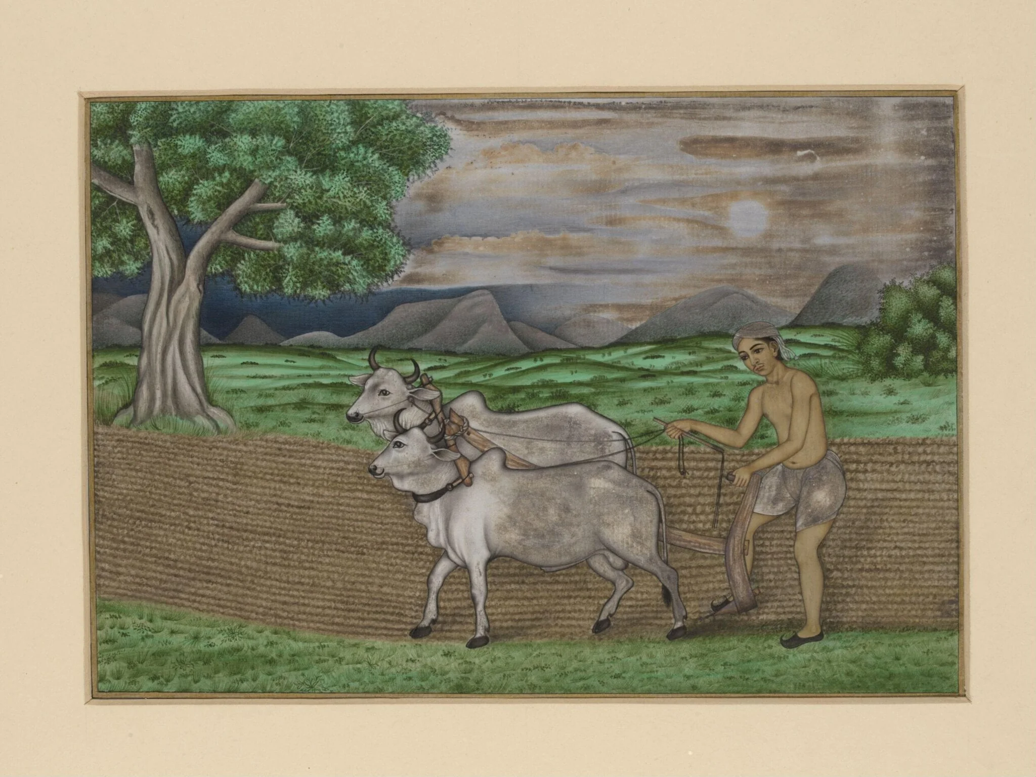 A villager ploughing with two bullocks; a hilly landscape in the background.