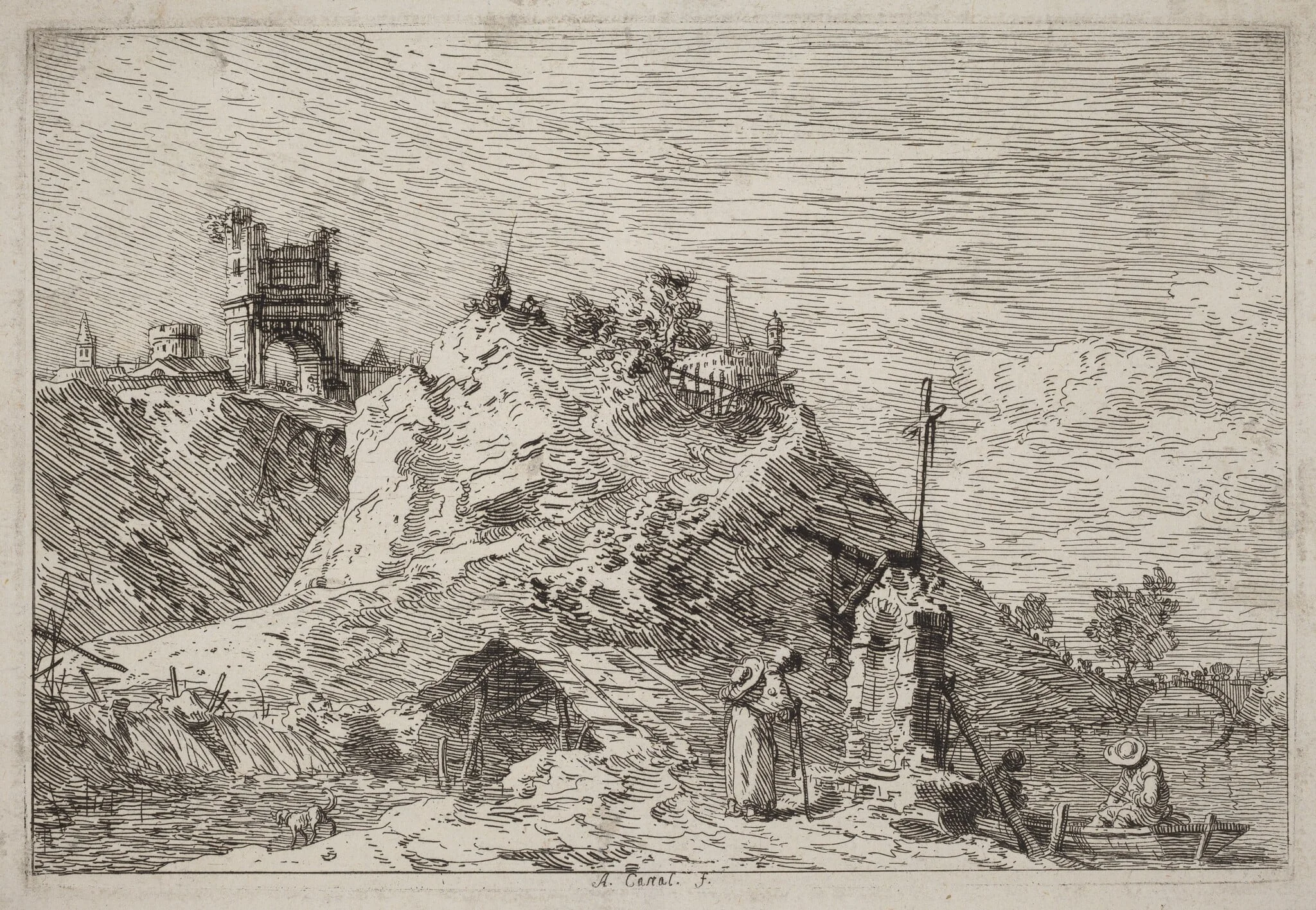 Landscape with the Pilgrim at Prayer, by Canaletto, ink, 1740