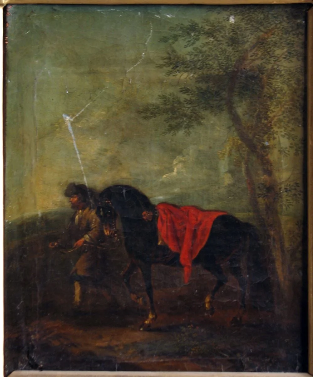 Cal murg închis și un grăjdar; pandant: Cal murg deschis și un grăjdar, by August Querfurt, 1738