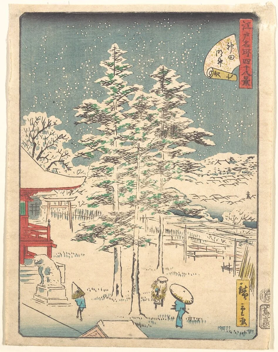 江戸名所四十八景　神田明神|Kanda Temple Snow, by Utagawa Hiroshige, ink, 1861