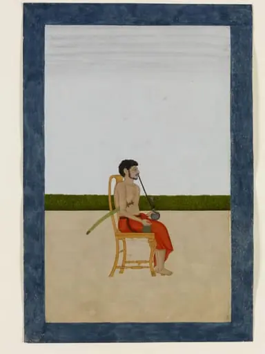 A male member of William Fullerton's household seated on a European chair smoking a 'huqqa' and holding a sword and a 'lota'