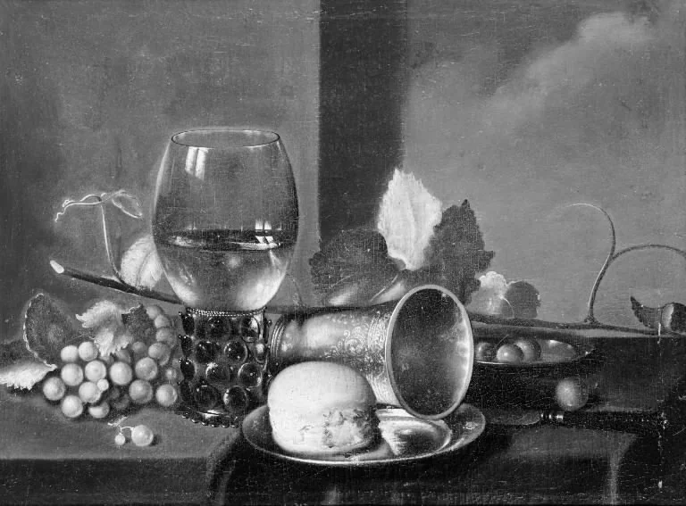 Stone Table with Glass, Cake and Fruit, by Gerret Willemsz Heda, oil, 1690