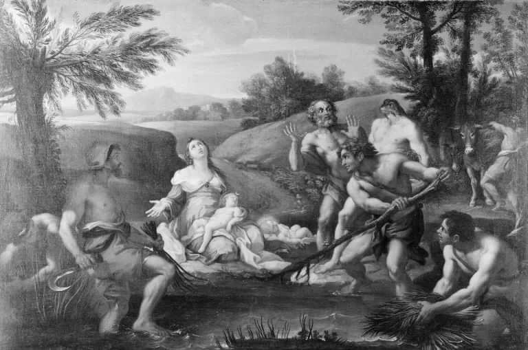 Latona forvandler Licias hyrder til frøer. Motiv fra Ovids "Metamorfoser", VI sang, by Hendrick Krock, oil, 1712