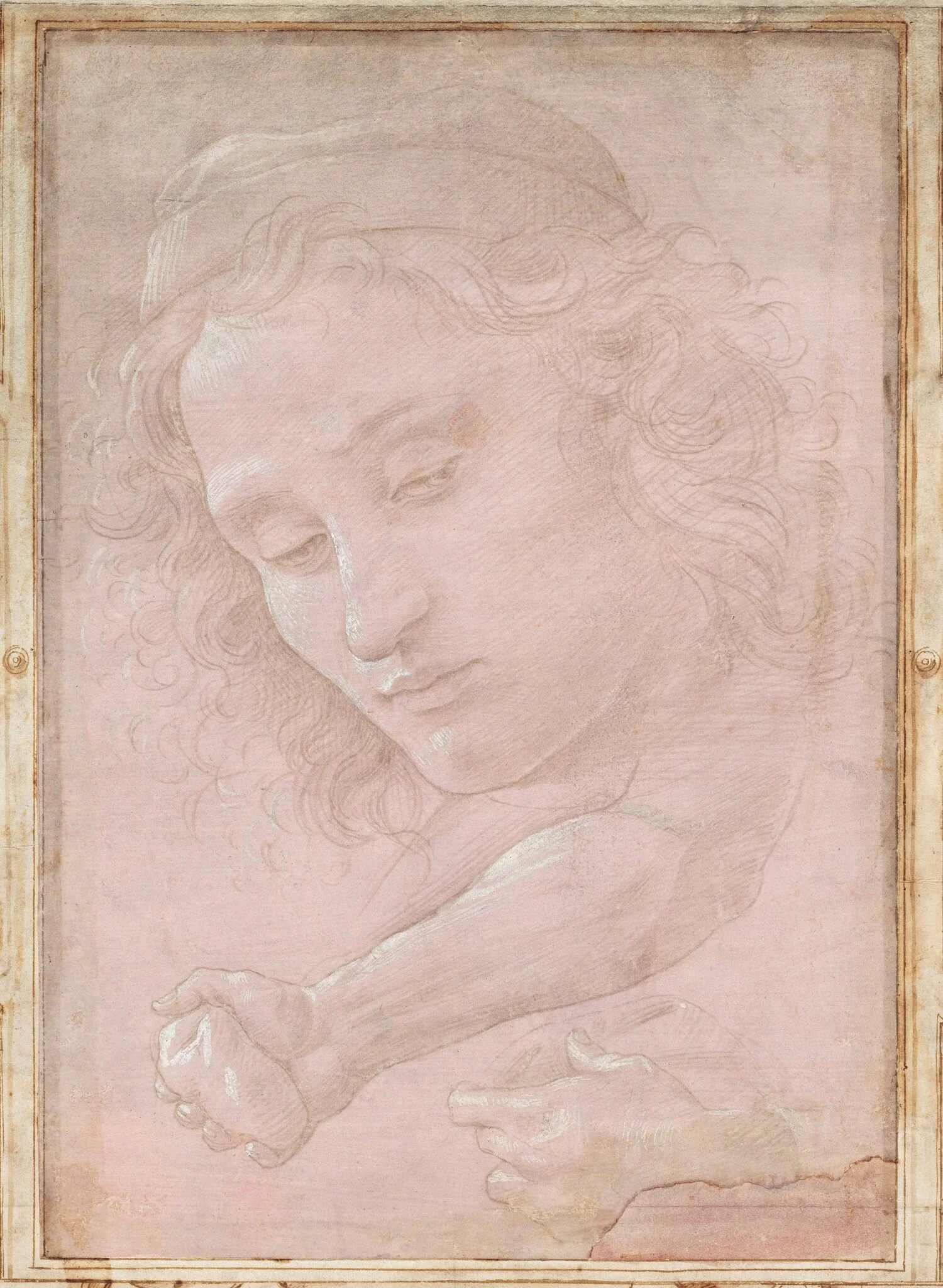 Head of a Youth Wearing a Cap; a Right Forearm with the Hand Clutching a Stone; and a Left Hand Holding a Drapery, by Sandro Botticelli, gouache, 1482