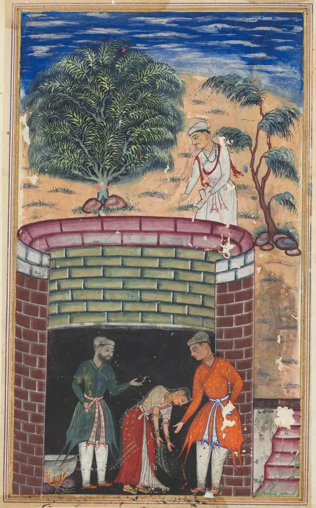 The daughter of the king of the jinns bows before the King of Kings who has just undergone the ordeal of passing through the boiling oil to emerge as a youth, from a Tuti-nama (Tales of a Parrot): Seventh Night