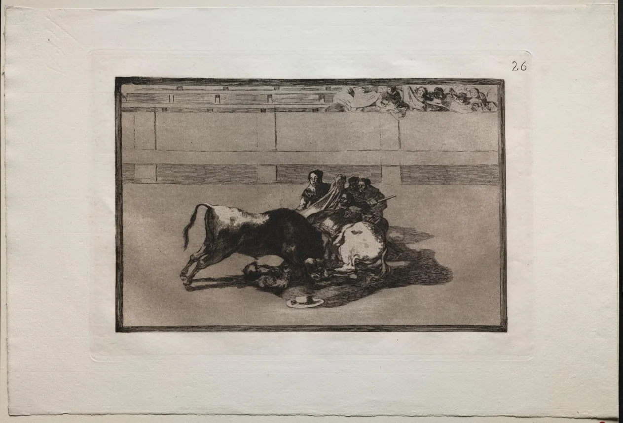 Bullfights:  A Picador is Unhorsed and Falls Under the Bull, by Francisco Goya, 1816