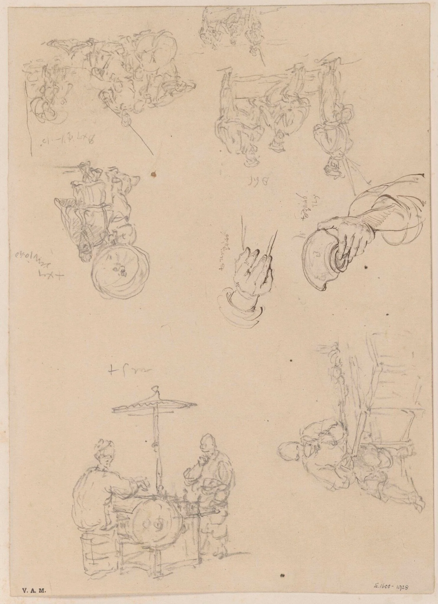 Chinese figures, soldiers, and details of hands, by George Chinnery, 10