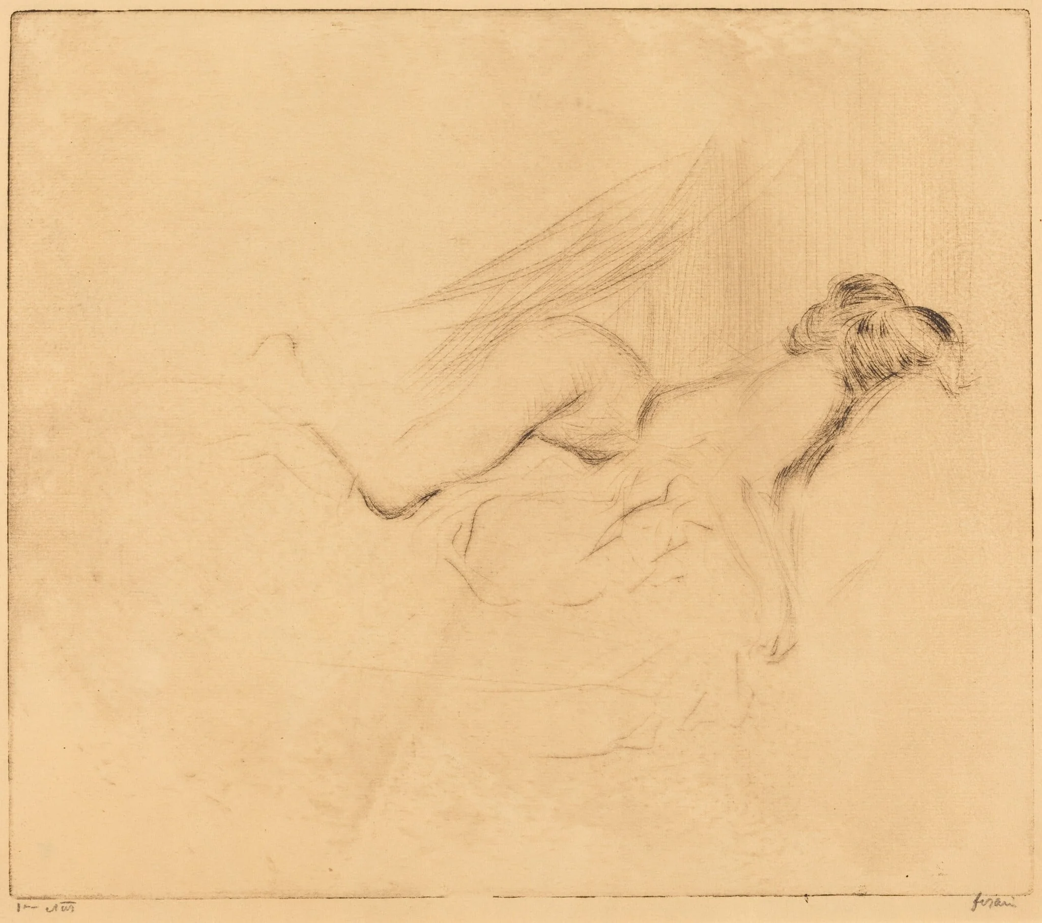 Croquis de femme nue, la tête contre l'oreiller (1ère plance) (Sketch of a Nude Woman, Her Head Against a Pillow) (1st plate), by Jean-Louis Forain, ink, 1909