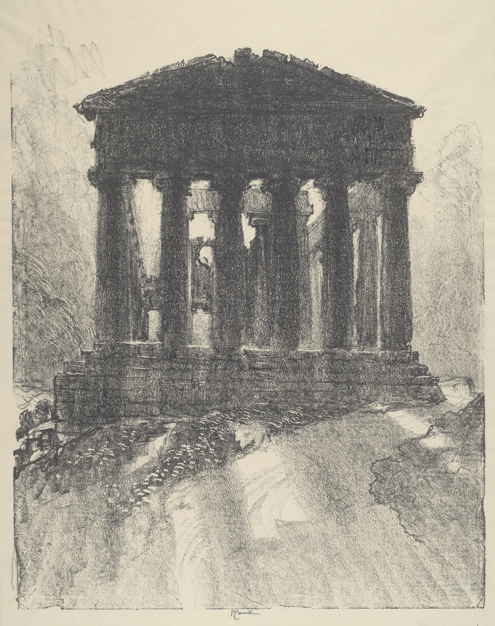 Sunrise Behind Temple of Concord, Girgenti, by Joseph Pennell, ink, 1913