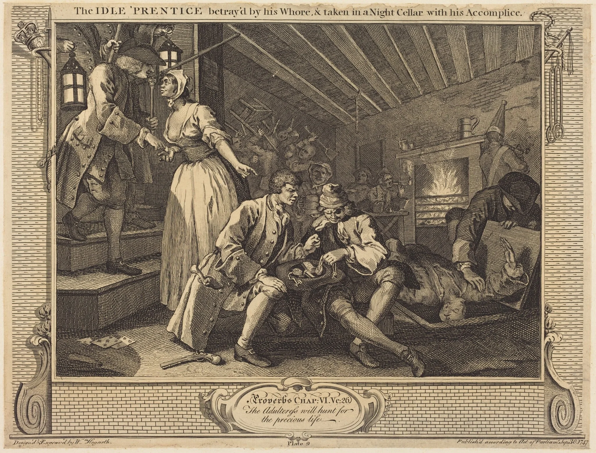 The Idle 'Prentice betray'd by his Whore, & taken in a Night Cellar with his Accomplice, by William Hogarth, ink, 1747