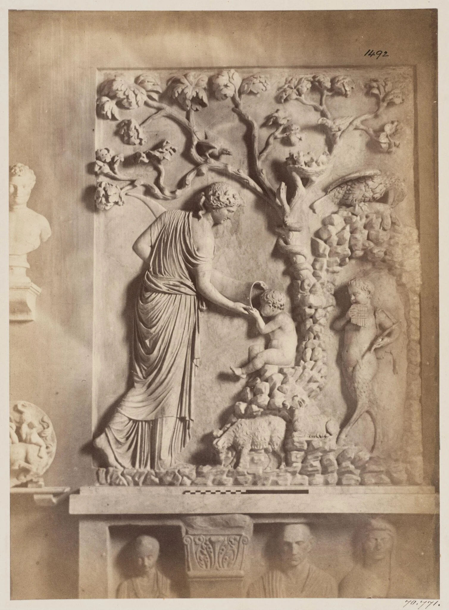 Sculpture - The infancy of Bacchus of the first century in the Lateran Museum, a Nymph gives him drink, by John Henry Parker, photographic, 1867