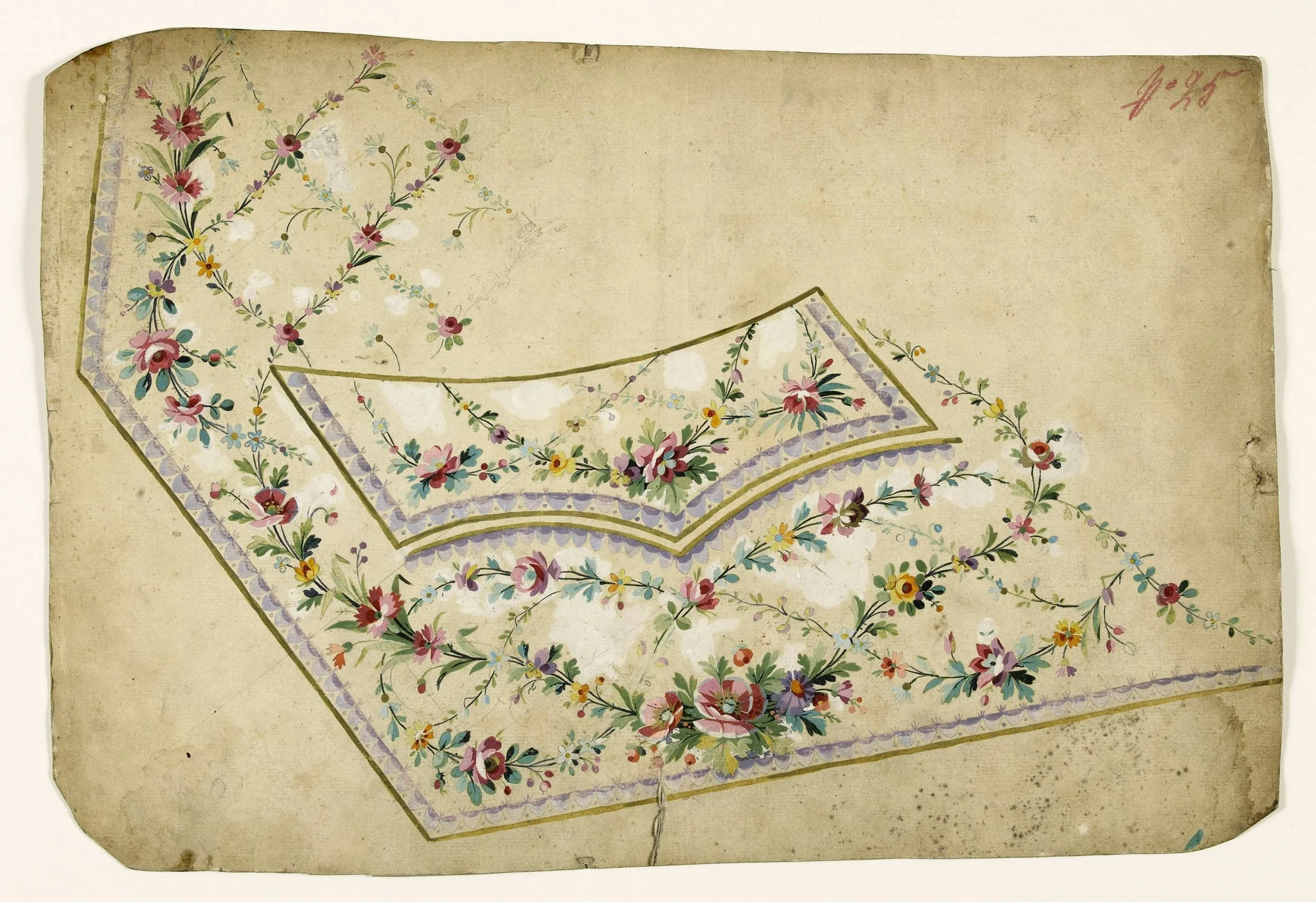 Composition avec guirlandes et croisillons de fleurs et frises d'oves mauves, projets de broderies de gilet, XVIIIème siècle, by Anonyme, 1750