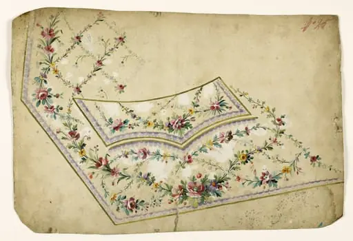 Composition avec guirlandes et croisillons de fleurs et frises d'oves mauves, projets de broderies de gilet, XVIIIème siècle