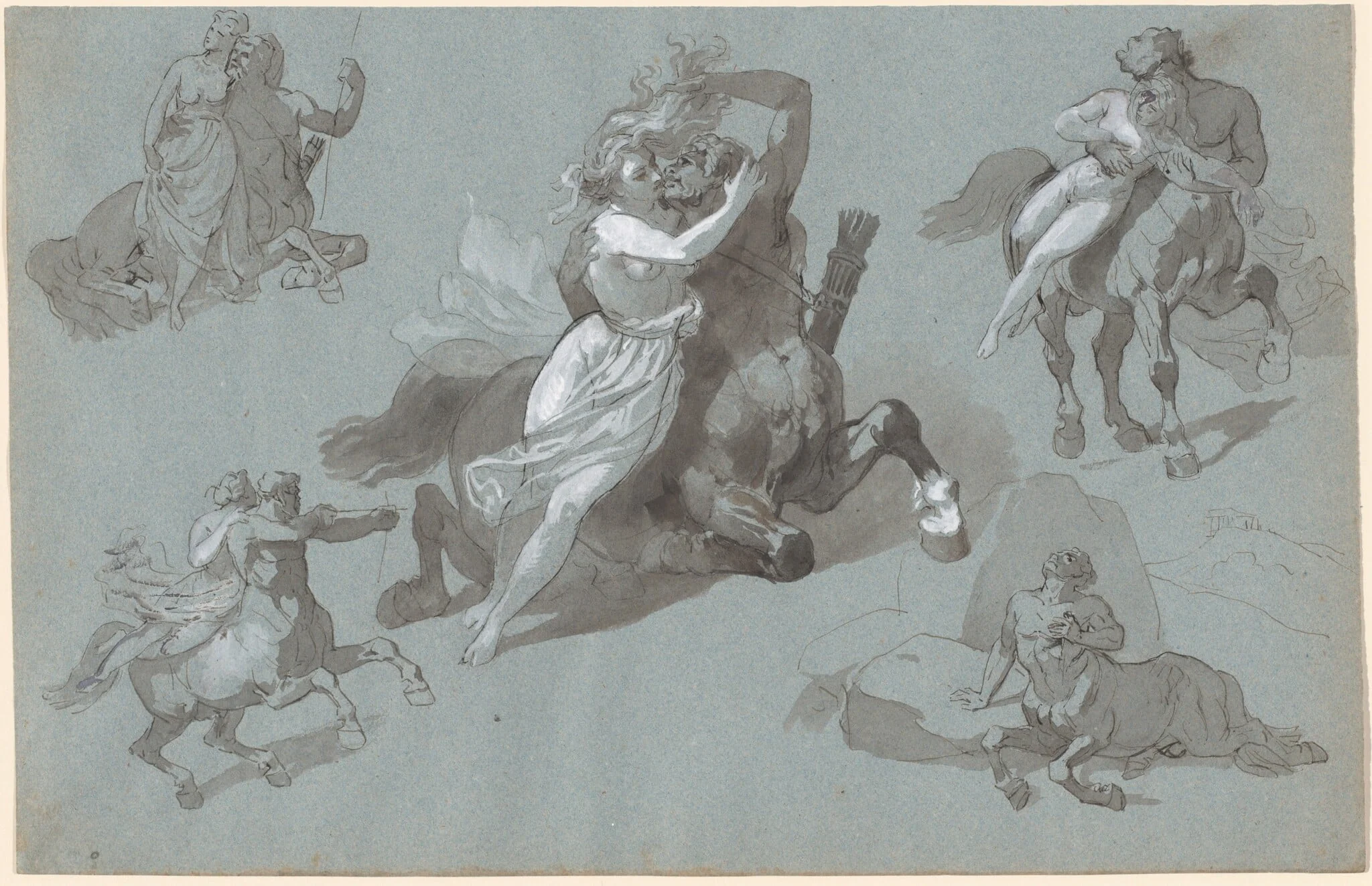Nessus and Dejanira in Four Poses, and the Dying Nessus, by Hippolyte Lalaisse, ink, 1834