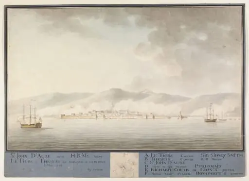 St. John d'Acre with H.B.M's ships Le Tigre & Theseus &c employed in its defence  2. May 1799 with a plan of St. John D'Acre and of the naval action'