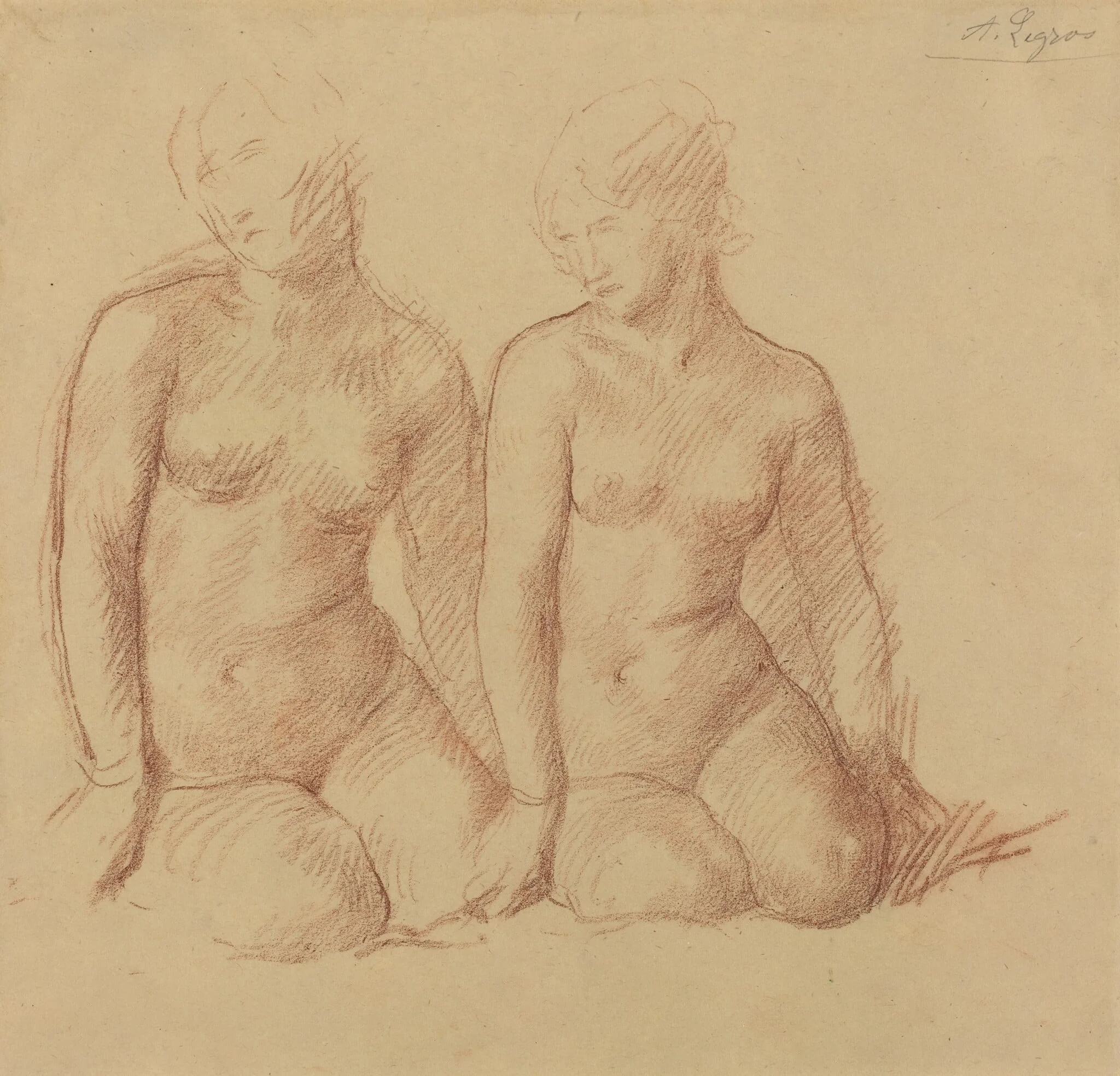 Study of Two Figures Seated Side by Side, by Alphonse Legros, chalk, 1874