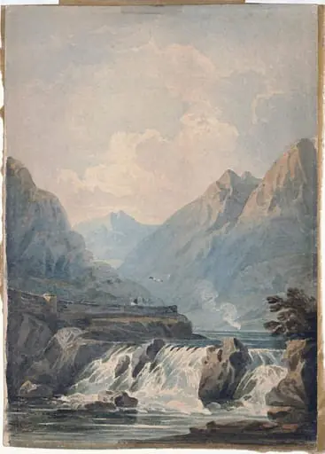 Landscape with mountains and waterfall