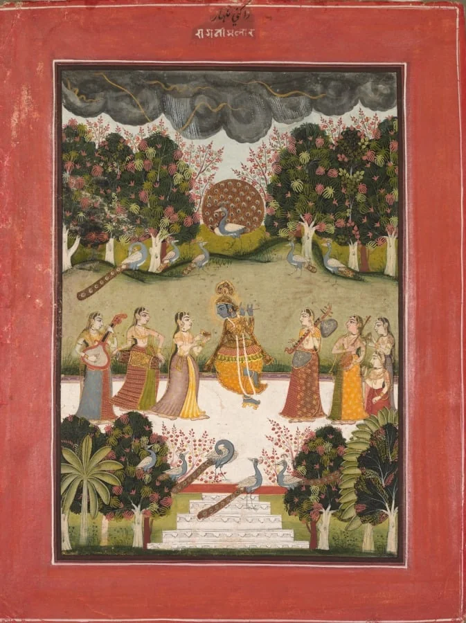 Malar Ragini: Krishna Playing the Flute to Seven Gopis Holding Musical Instruments, from the Ragamala Series, by Unknown, unspecified, 1760