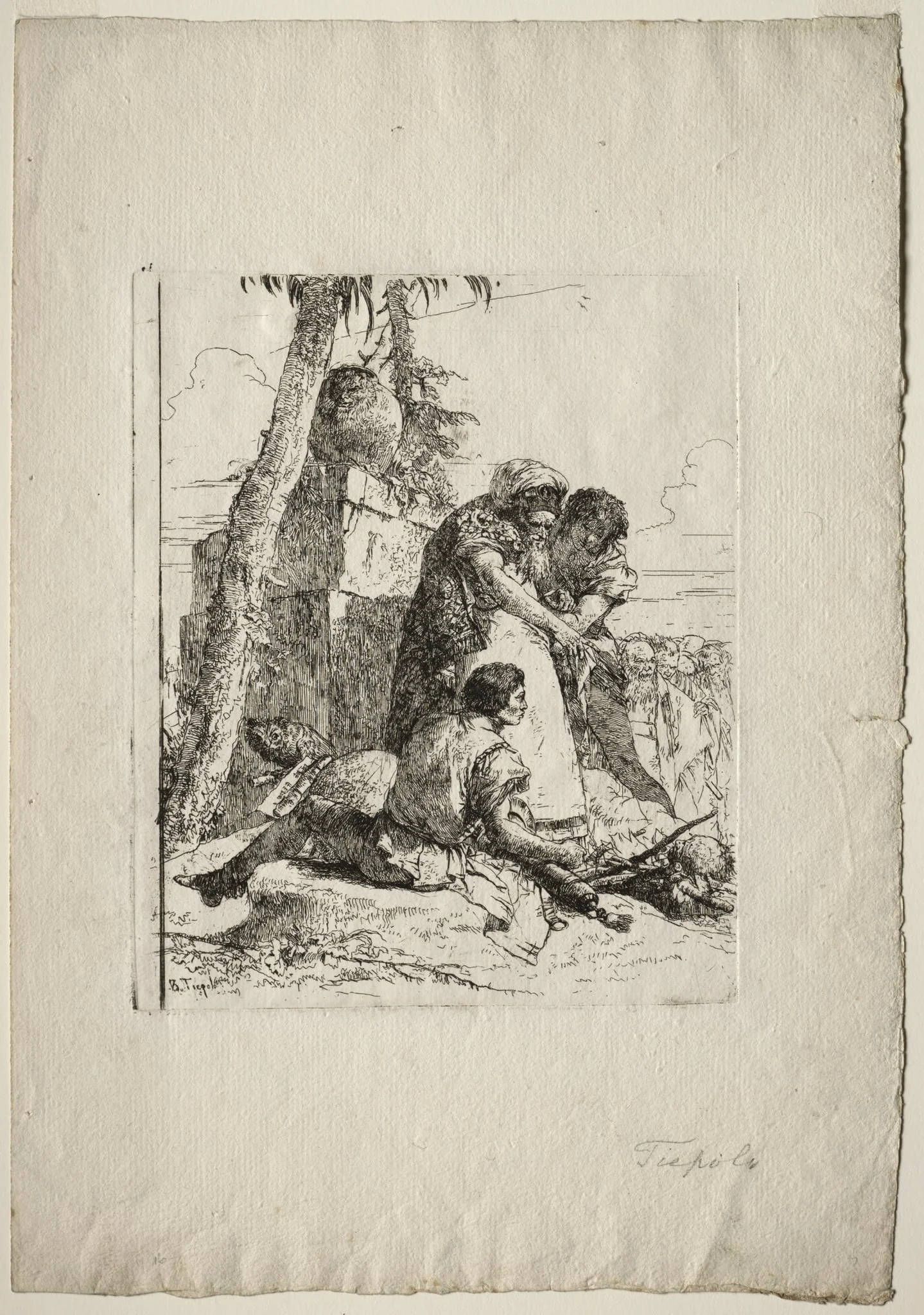 Scherzi di Fantasia: Magician Pointing Out a Burning Head to Two Youths, by Giovanni Battista Tiepolo, 1755