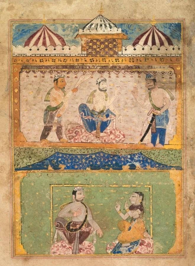 A traveler persuades Lorik to return home (top); Chanda objects (bottom), from a Chandayana (Story of Chanda), by Unknown, unspecified, 1540