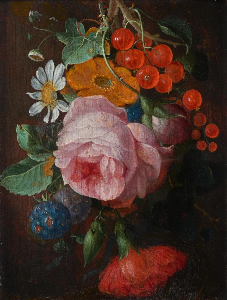 Blumengirlande mit Johannis- und Brombeeren, by Pieter Gallis, oil, 1675