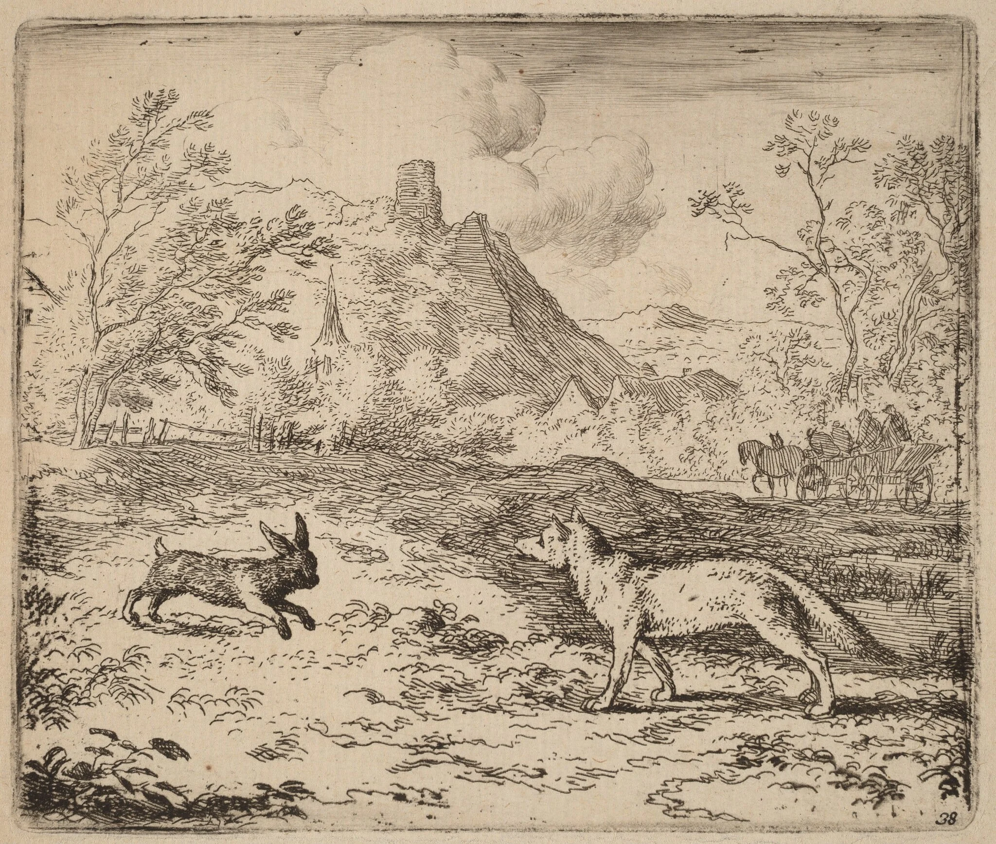 Reynard and the Rabbit, by Allart van Everdingen, ink, 1650