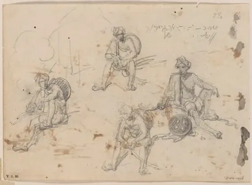 Four drawings of an Indian chowkidar